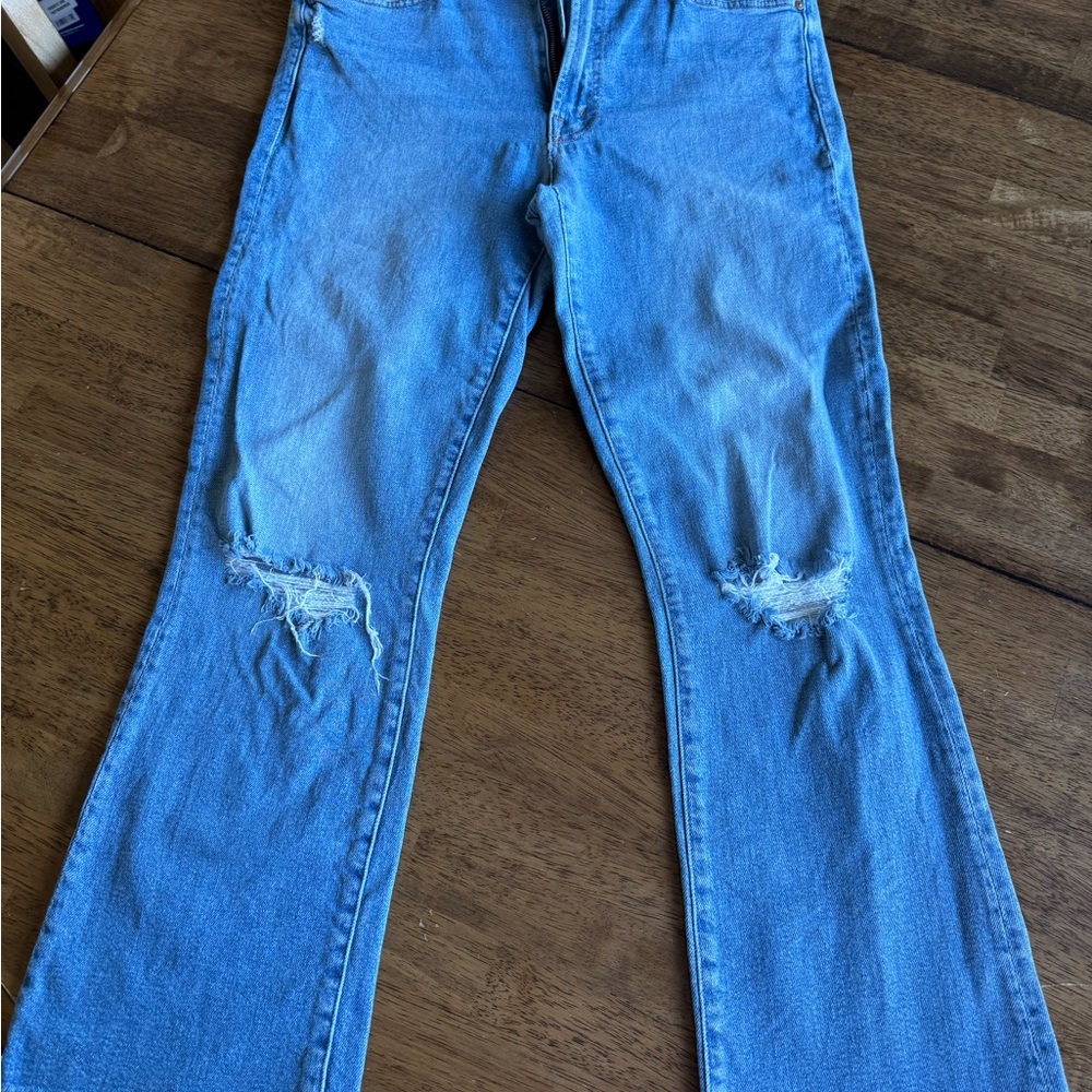 MOTHER Blue Distressed Flare Jeans